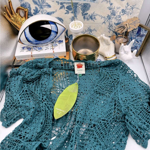 🆕 FARM Rio 🧿 NWOT Floral Crochet Tie Up Kimono, Teal - Sz M - Picture 2 of 16